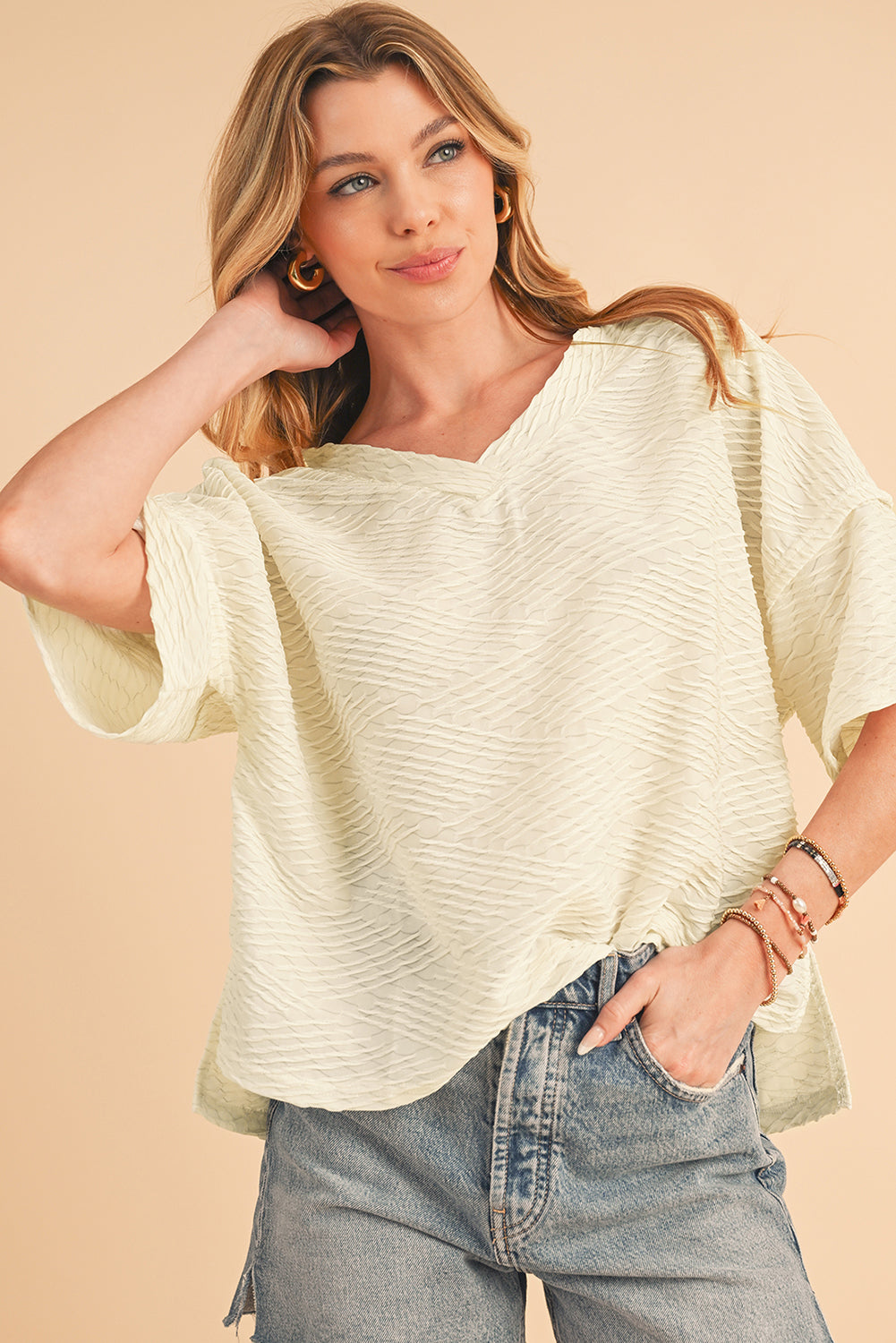 Beige Textured V Neck Split Hem T Shirt