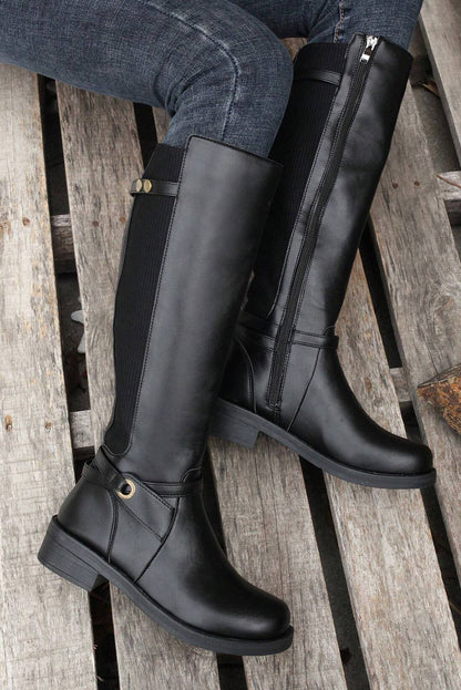 Black Side Zipper Knee High Chunky Low Heel Boots