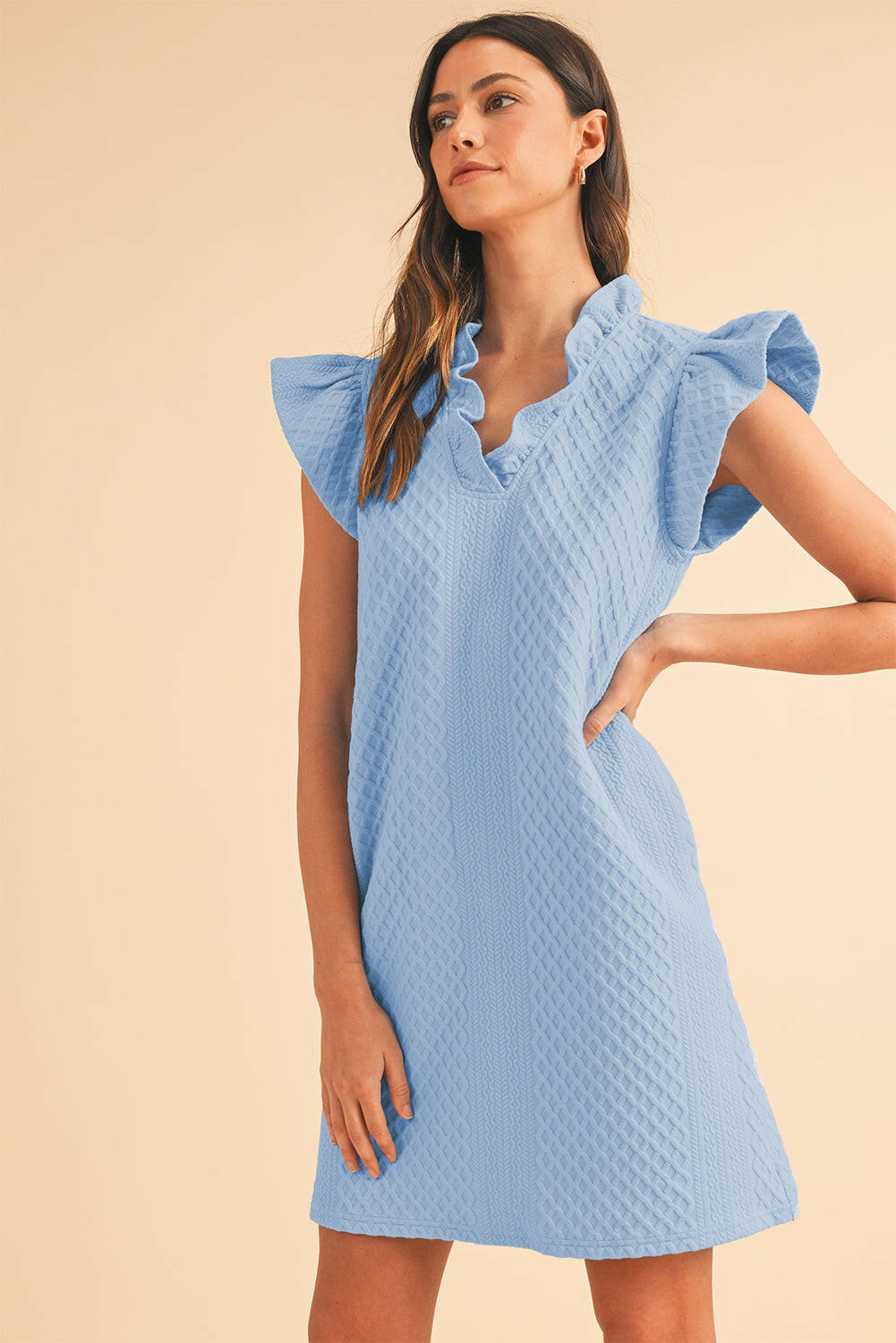 Light Blue Textured Puff Sleeve Ruffled V Neck Mini Dress.