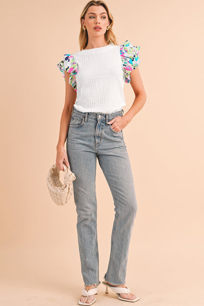 White Abstract Print Puff Sleeve Textured Top