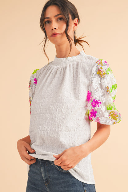 White Smocked Neck Sequin Flower Puff Sleeve Textured Top