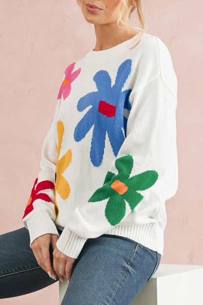 Colorful Flower Pattern Crewneck Knitted Sweater