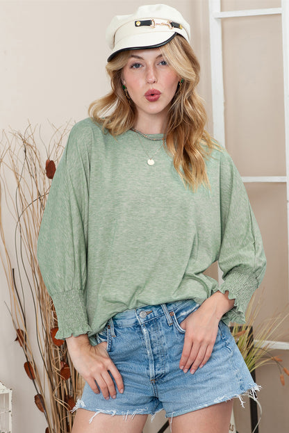 Plain Smocked 3/4 Sleeve Casual Loose T Shirt