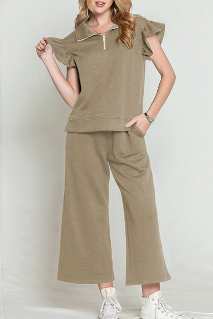 Textured Ruffle Cap Sleeve Top and Wide Leg Pants Set