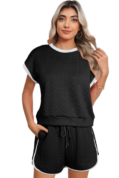 Textured Contrast Trim Tee & Drawstring Shorts Set