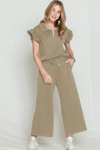 Textured Ruffle Cap Sleeve Top and Wide Leg Pants Set