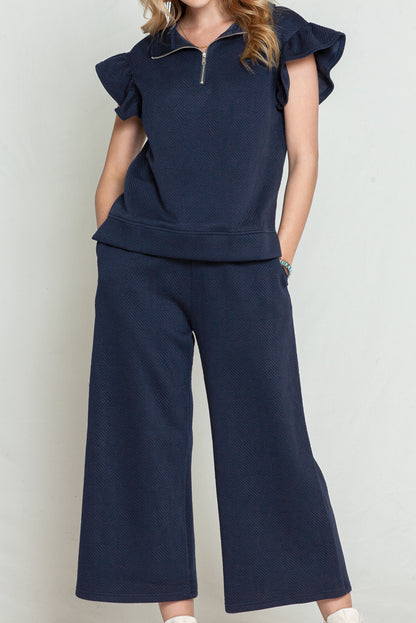 Textured Ruffle Cap Sleeve Top and Wide Leg Pants Set