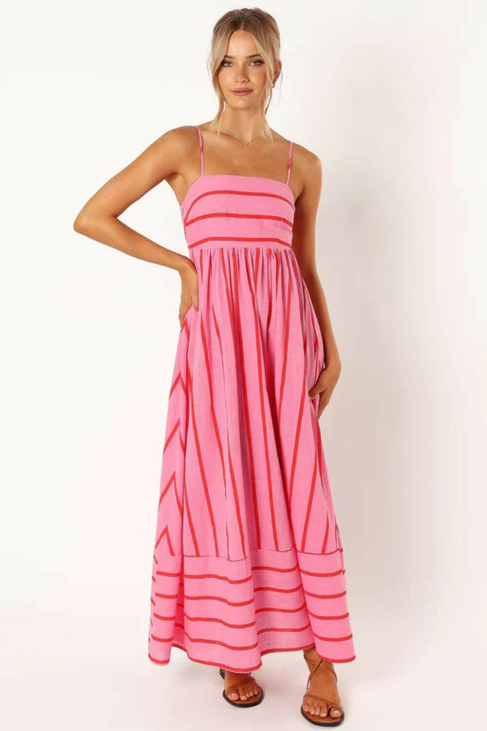 Pink Striped Spaghetti Strap Halter Backless Hem Maxi Dress.