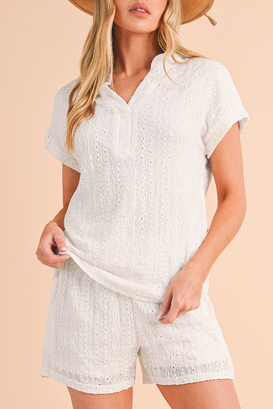 White Eyelets V-neck Blouse and Pockets Shorts Set