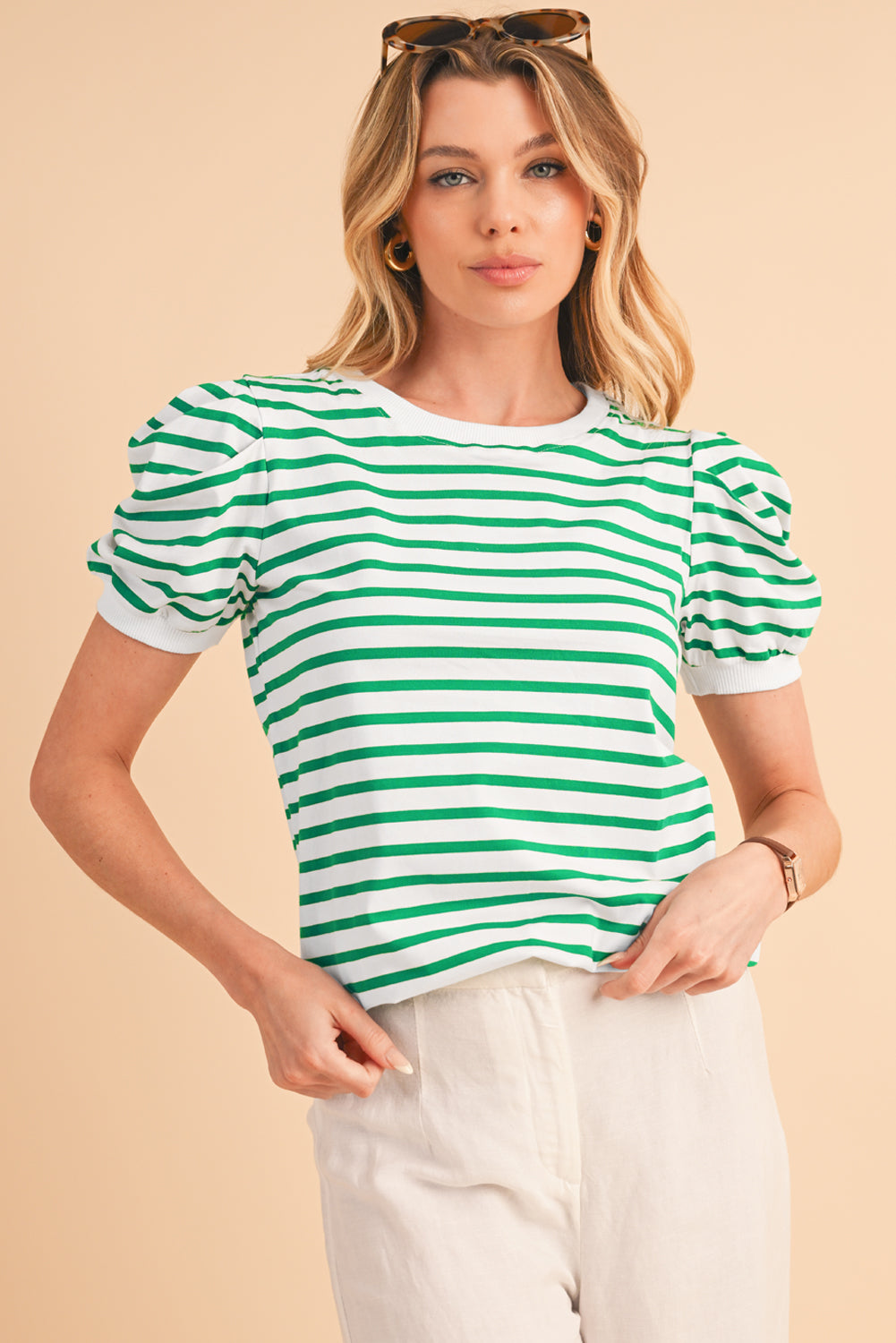 Green Stripe Puff Short Sleeve Contrast Trim T Shirt