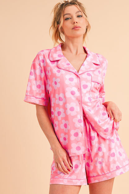 Flower Print Buttoned Shirt and Drawstring Waist Pajama Set