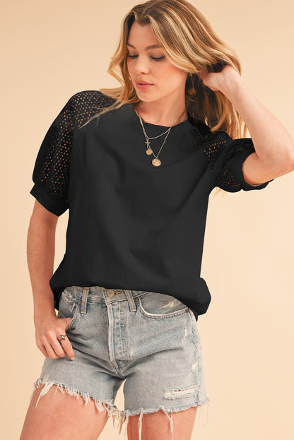 Black Pointelle Lace Sleeve Loose Round Neck Tee