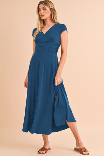 Deep V Neck Ruched High Waist Midi Dress