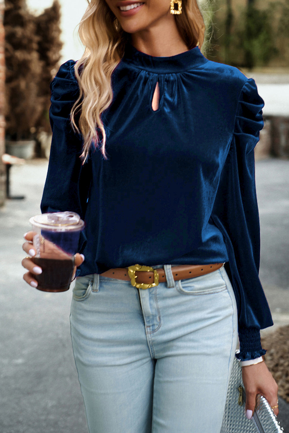 Keyhole Neck Puff Sleeve Velvet Blouse