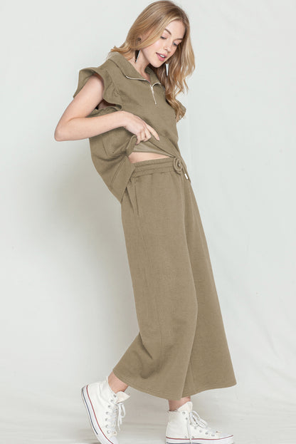 Textured Ruffle Cap Sleeve Top and Wide Leg Pants Set