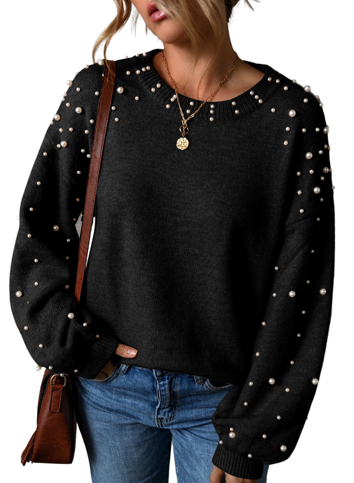 Pearl Drop Shoulder Round Neck Sweater