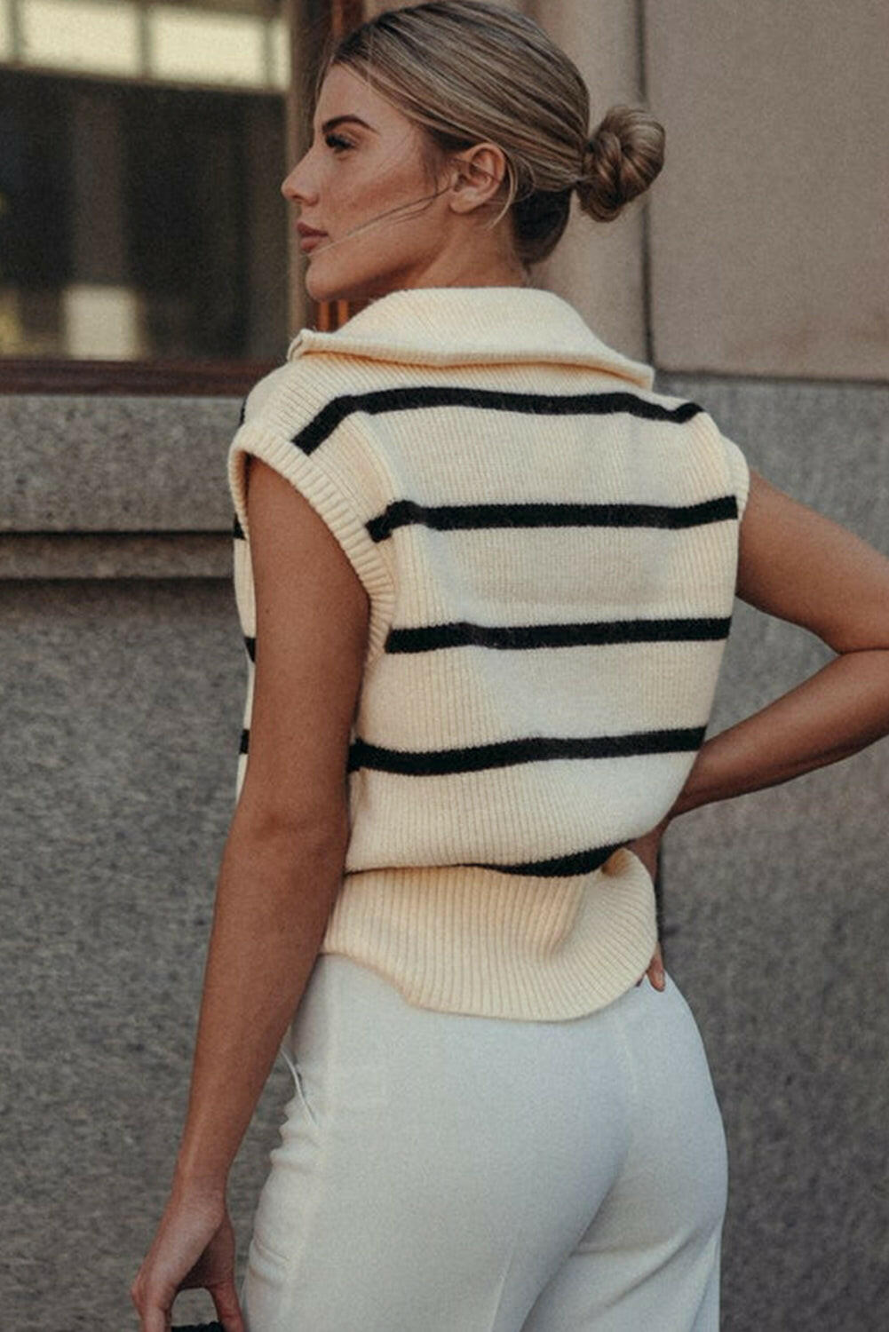 White Stripe Zipped Collar Cap Sleeve Knit Top.