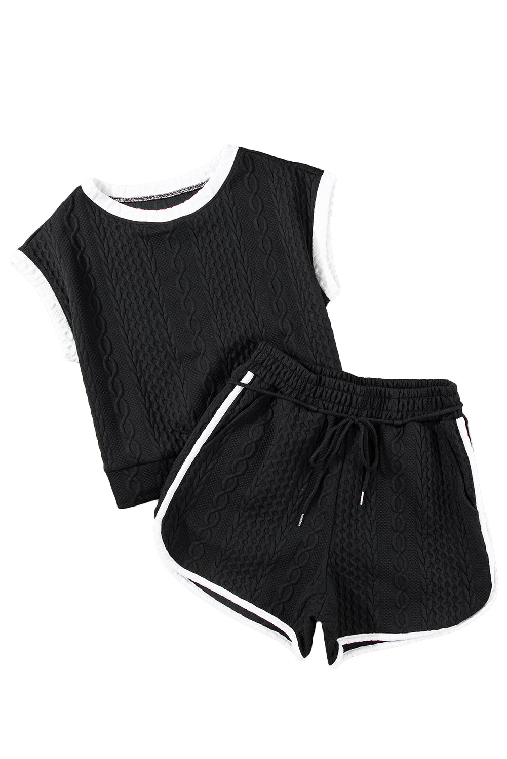 Textured Contrast Trim Tee & Drawstring Shorts Set