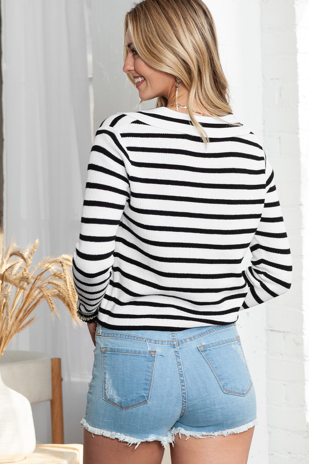 Stripe Casual Collared V Neck Lightweight Knit Sweater