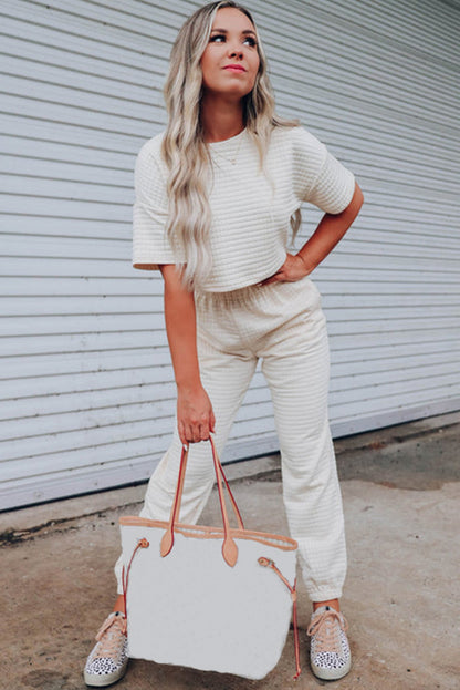 White Lattice Textured Cropped Tee and Jogger Pants Set