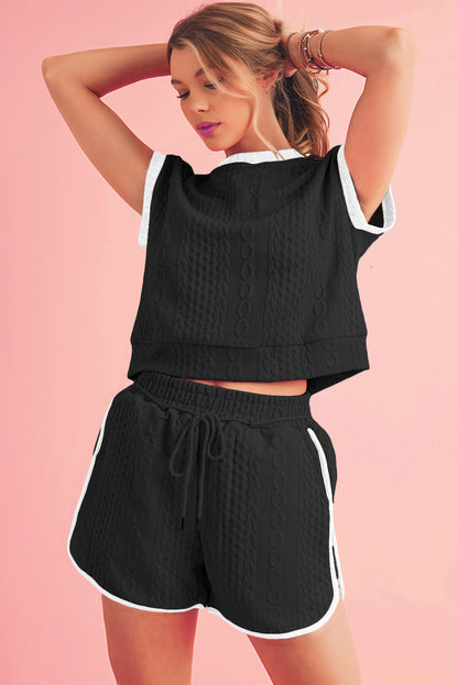 Textured Contrast Trim Tee & Drawstring Shorts Set