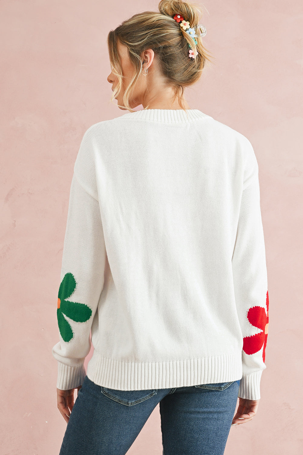 Colorful Flower Pattern Crewneck Knitted Sweater