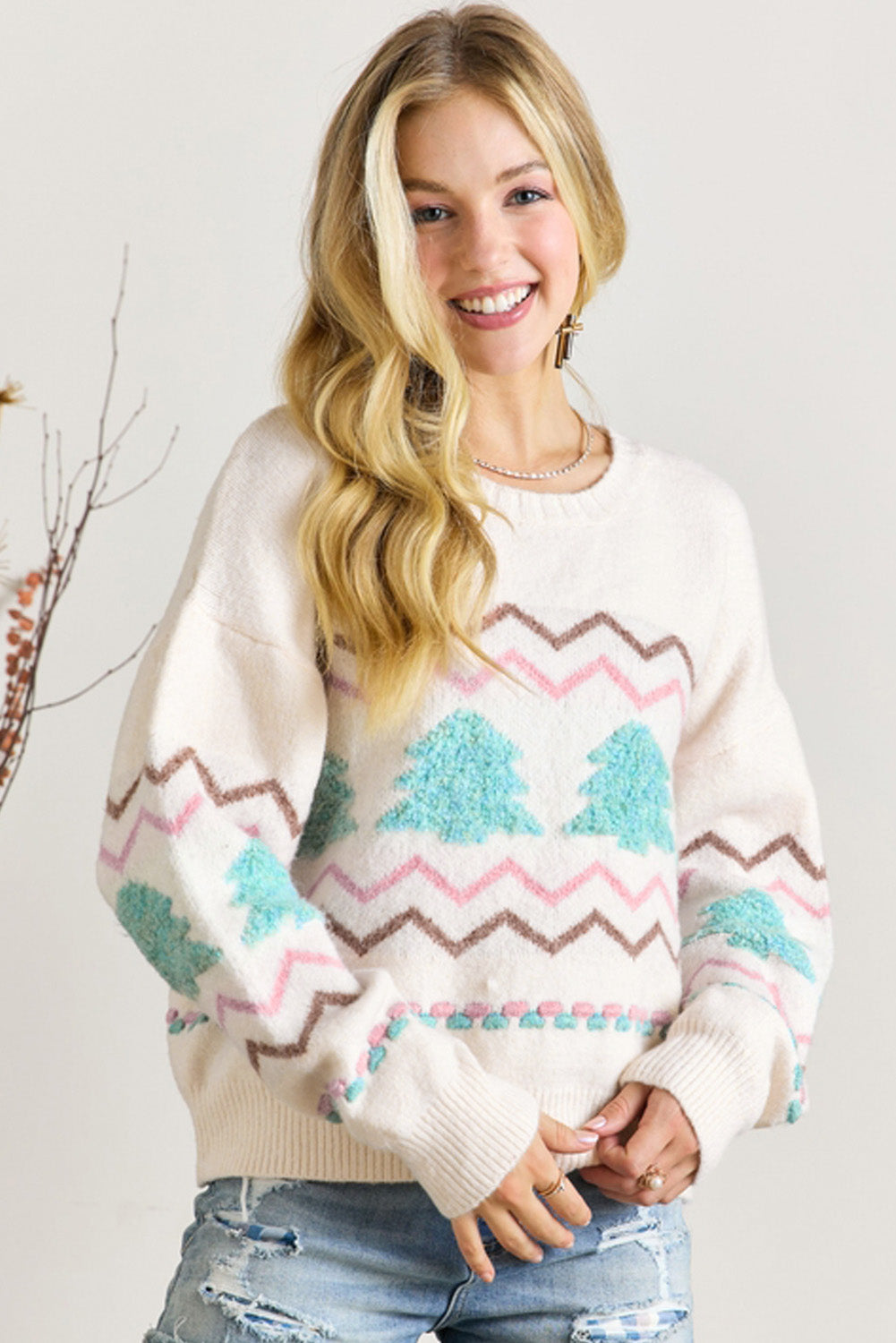 Christmas Tree Wavy Striped Drop Sleeve Sweater