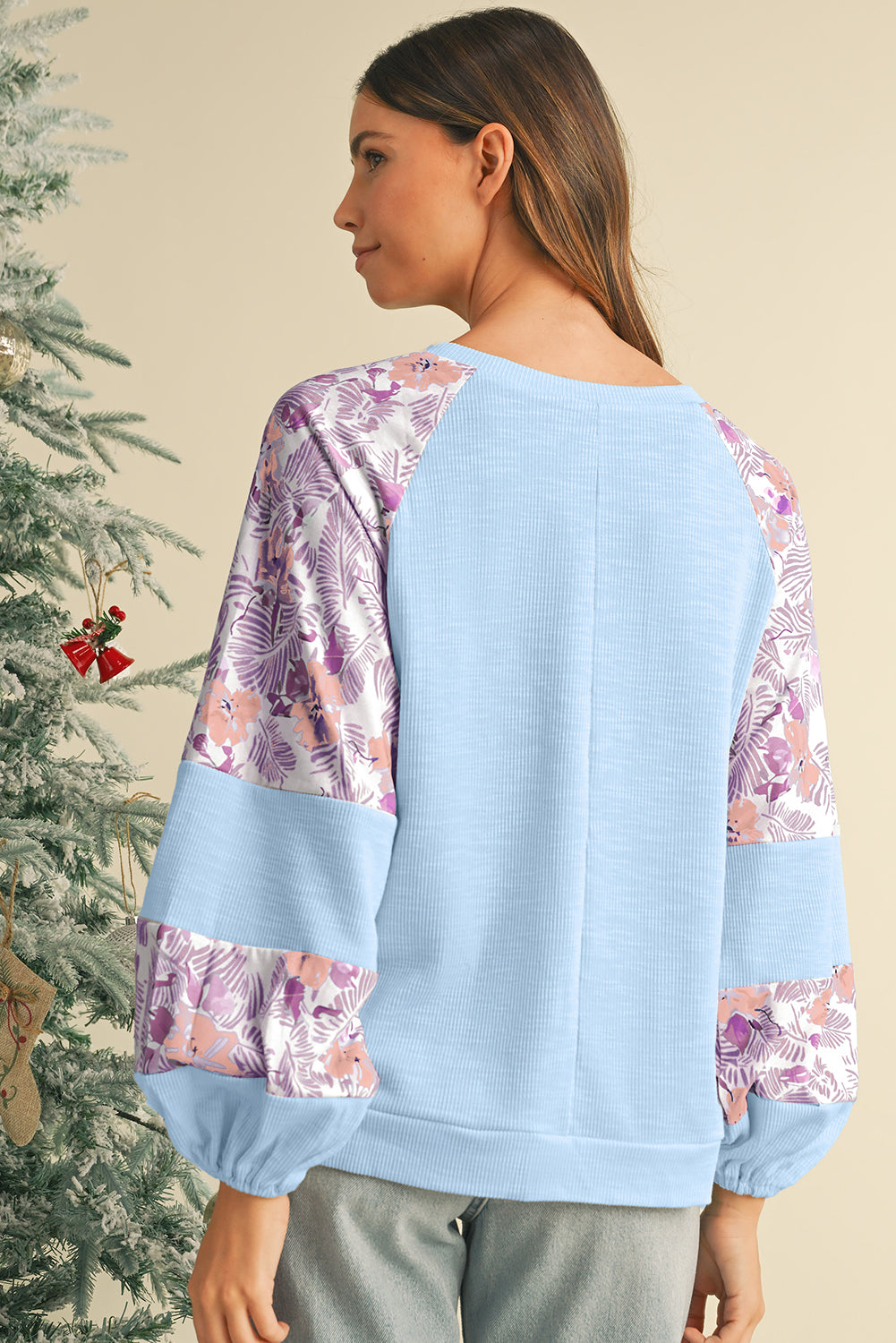 Crinkle Rib Floral Patchwork Balloon Sleeve Top