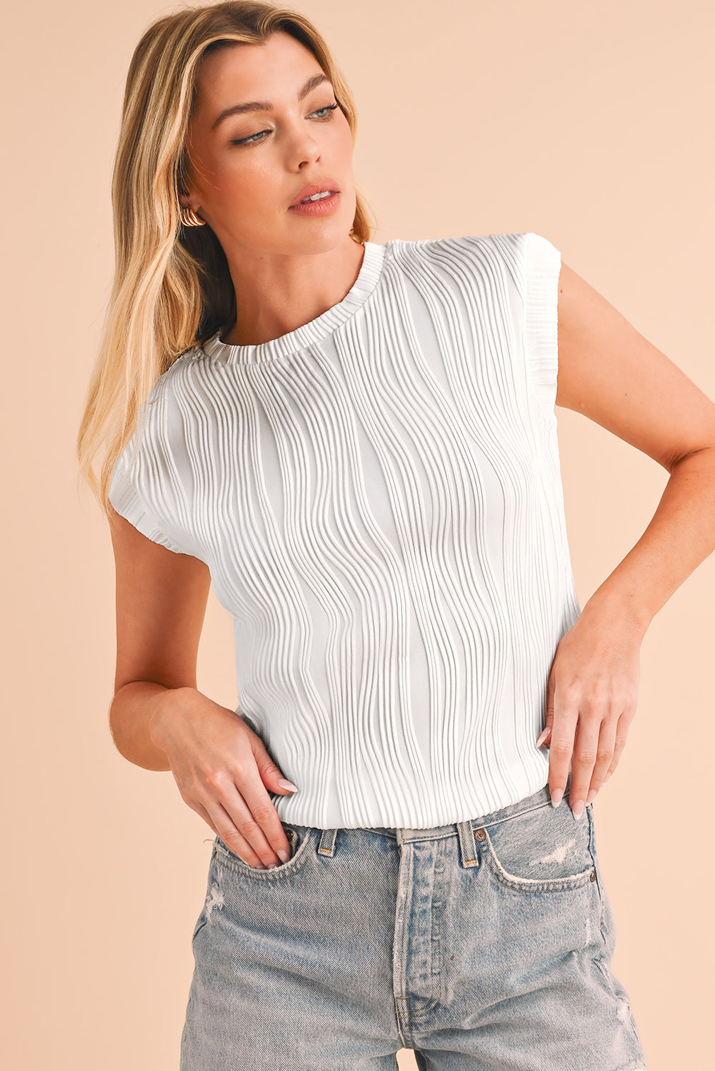 Apricot Wavy Textured Cap Sleeve Round Neck Blouse