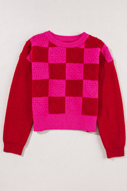 Checkered Pattern Pompom Heart Knitted Sweater