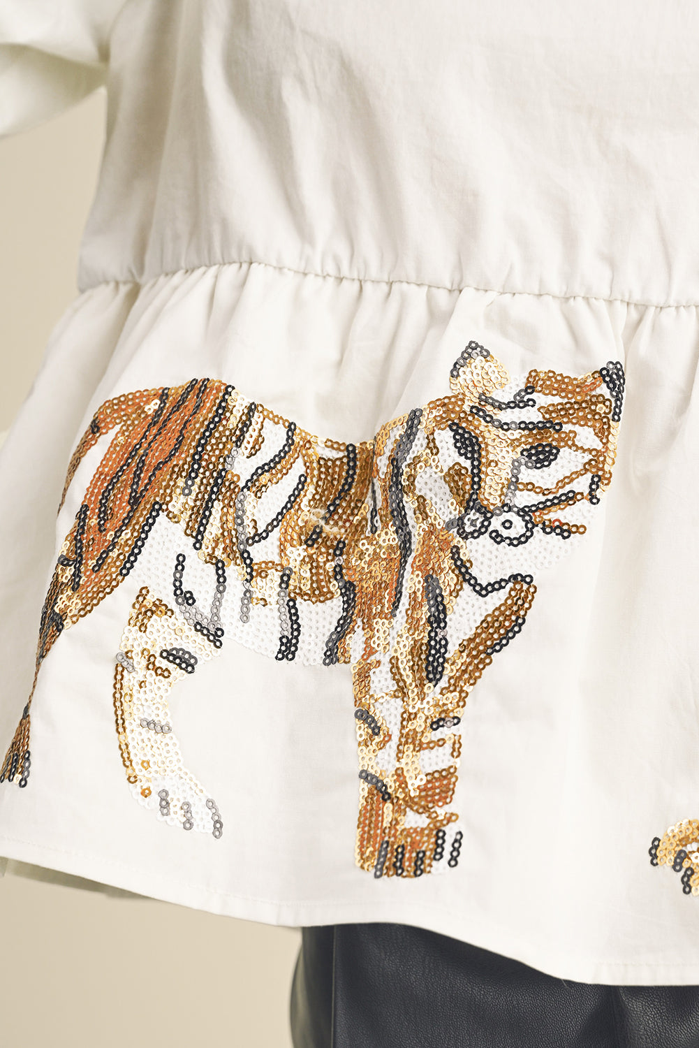 White Sequins Tiger V-Neck Lantern Sleeve Blouse