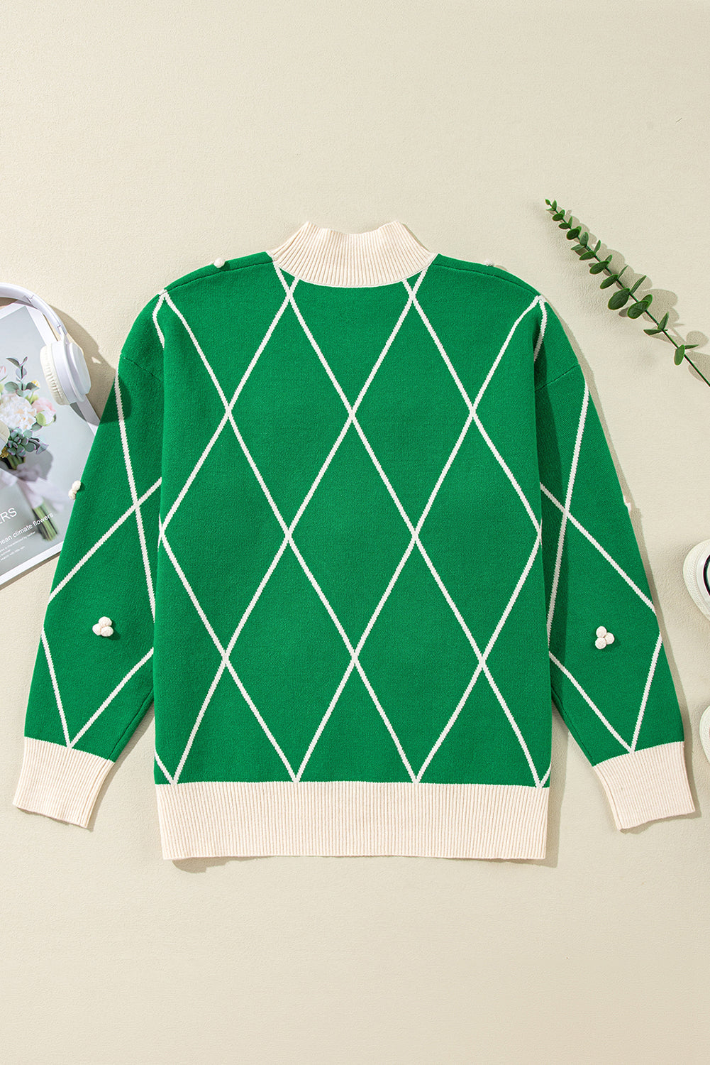 Diamond Pom Pattern Contrast Trim High Neck Sweater