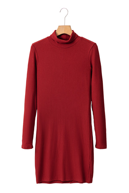 Racing Red Ribbed Knit Long Sleeve High Neck Mini Dress