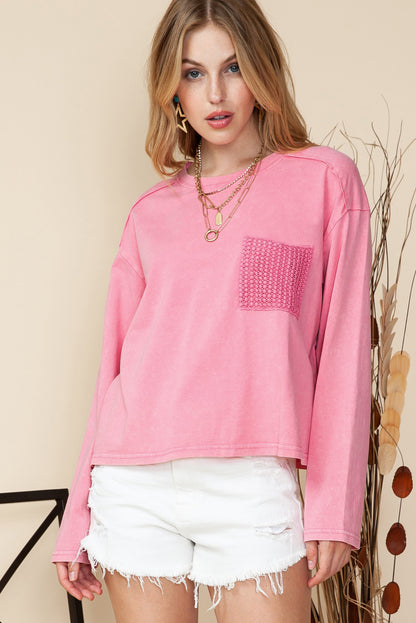 Pink Lace Patch Pocket Long Sleeve Shirt