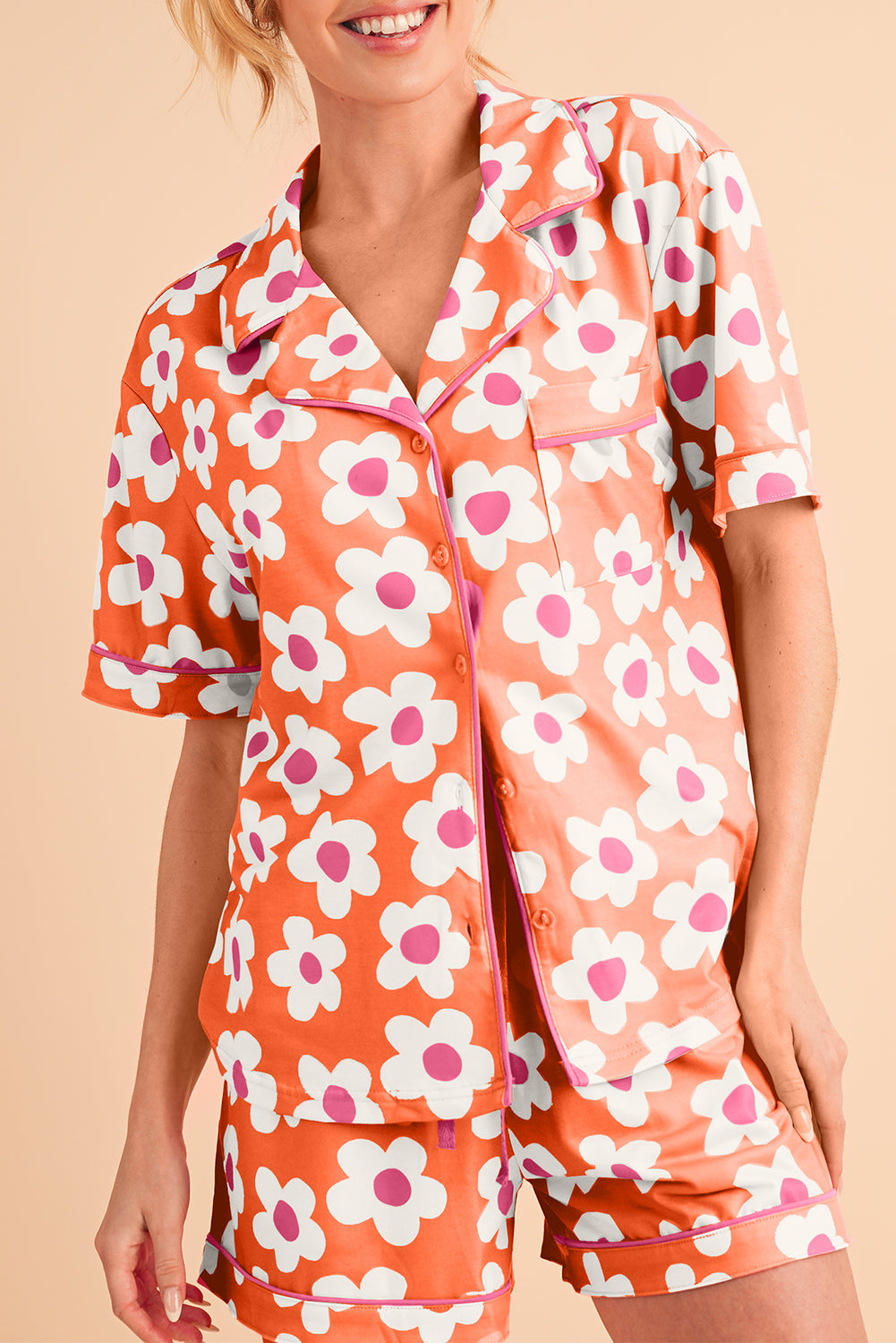 Flower Print Buttoned Shirt and Drawstring Waist Pajama Set