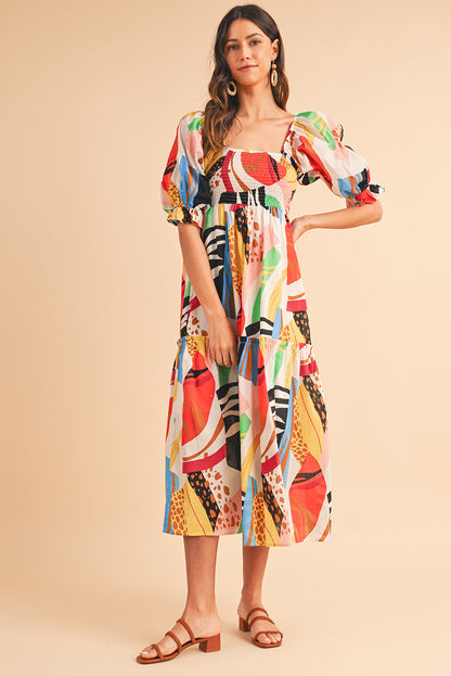 Square Neck Smocked Abstract Print Boho Maxi Dress