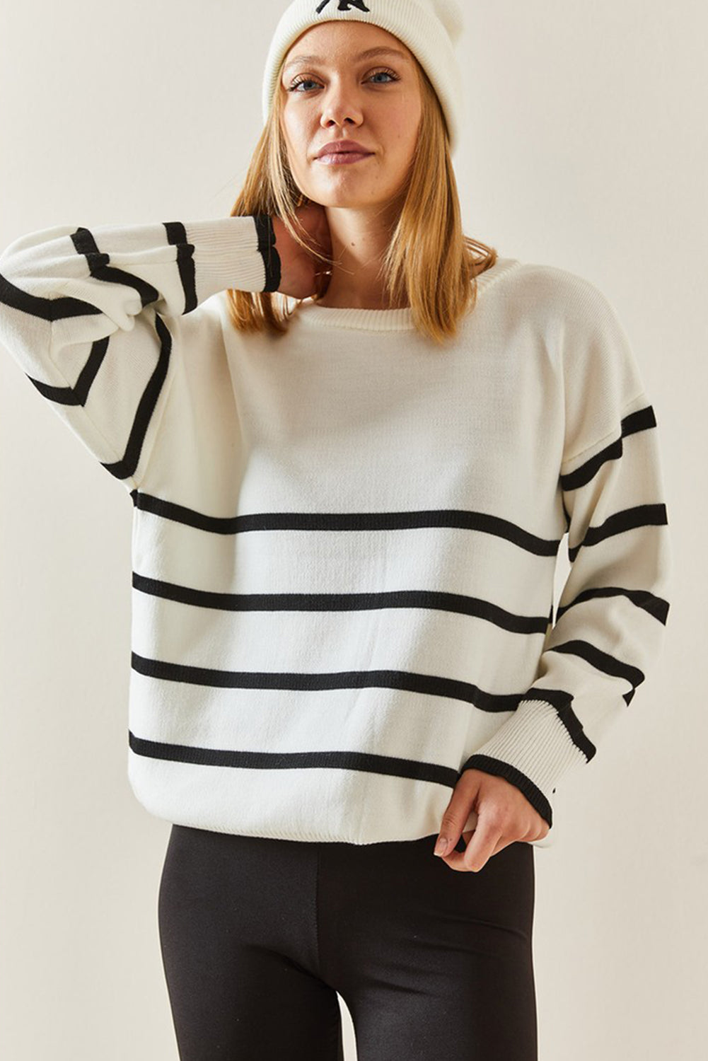 Beige Stripe Crew Neck Drop Sleeve Sweater