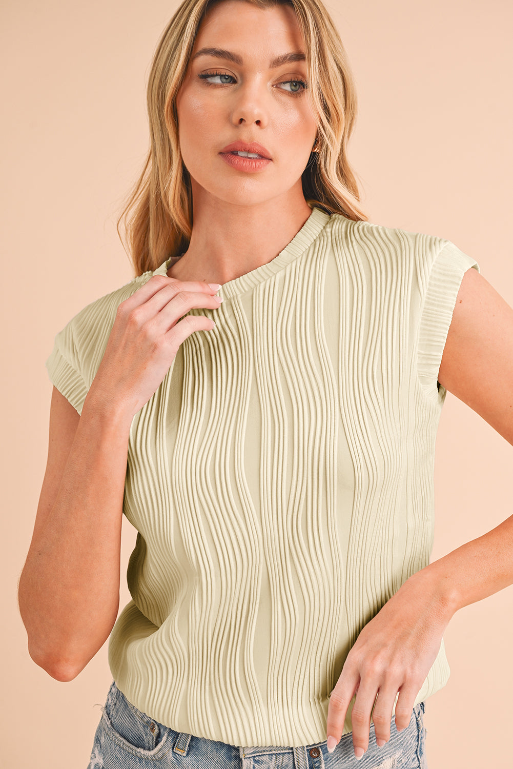 Apricot Wavy Textured Cap Sleeve Round Neck Blouse