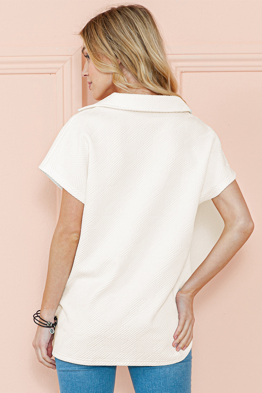 White Textured V Neck Collared Split Hem T Shirt