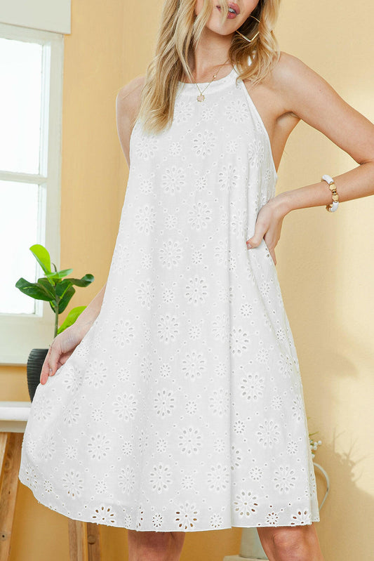 White Lace Eyelet Sleeveless O-Neck Keyhole Back Mini Dress.