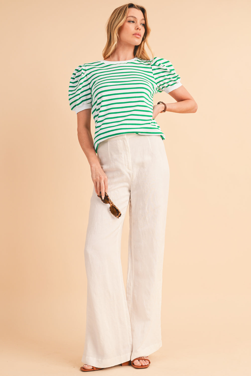 Green Stripe Puff Short Sleeve Contrast Trim T Shirt