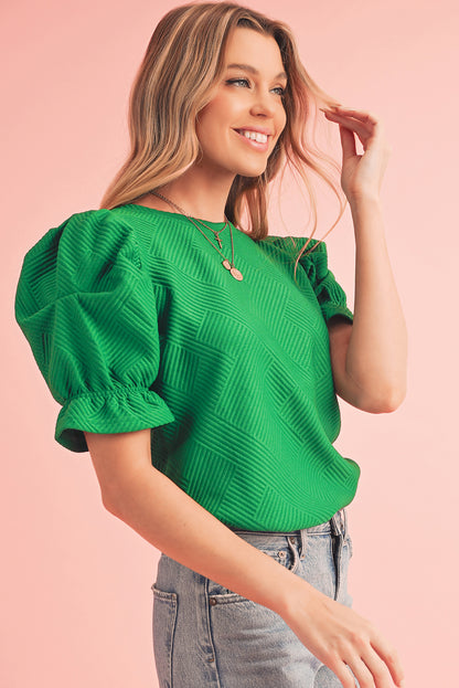 Dark Green Ruffle Puff Sleeve Textured Plain Top