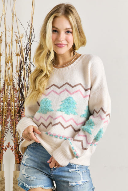 Christmas Tree Wavy Striped Drop Sleeve Sweater