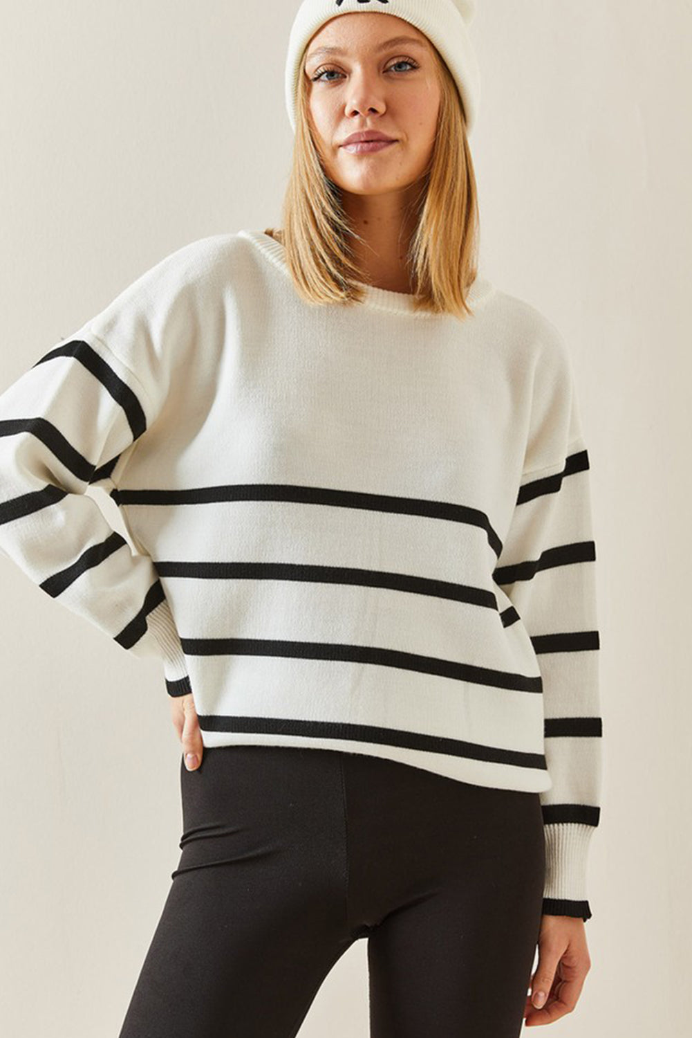 Beige Stripe Crew Neck Drop Sleeve Sweater