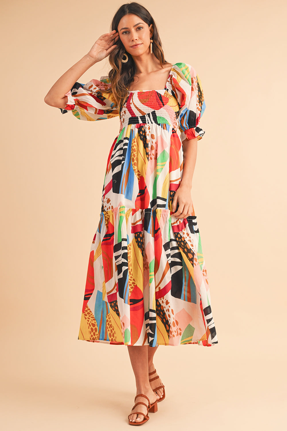 Square Neck Smocked Abstract Print Boho Maxi Dress