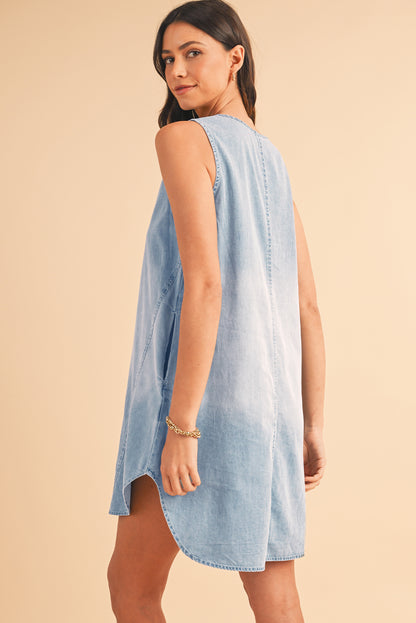 Beau Blue Light Wash Split Neck Sleeveless Chambray Dress