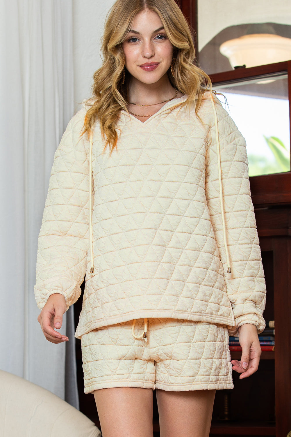 Beige Quilted Hoodie and Drawstring Shorts Set