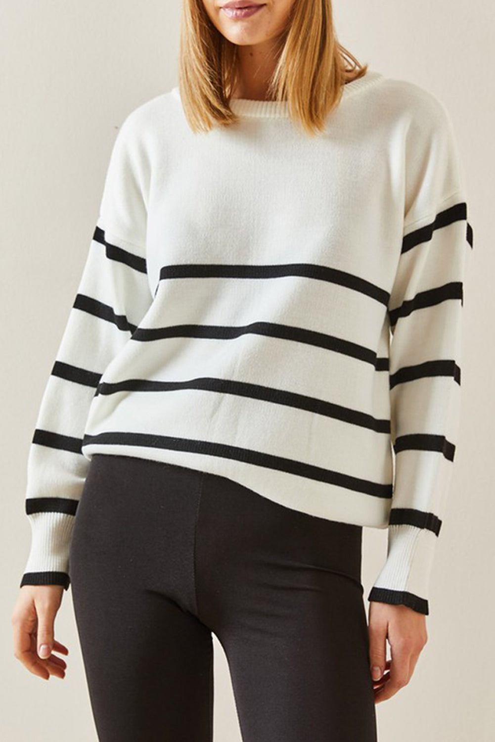 Beige Stripe Crew Neck Drop Sleeve Sweater