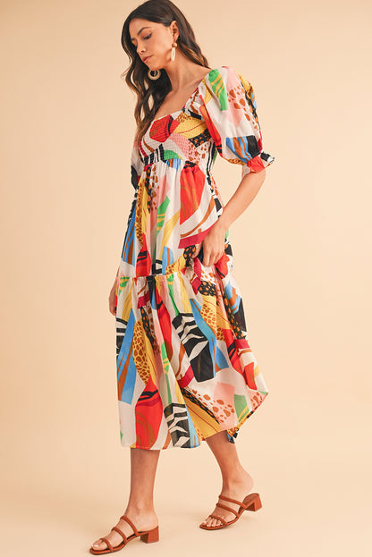 Square Neck Smocked Abstract Print Boho Maxi Dress