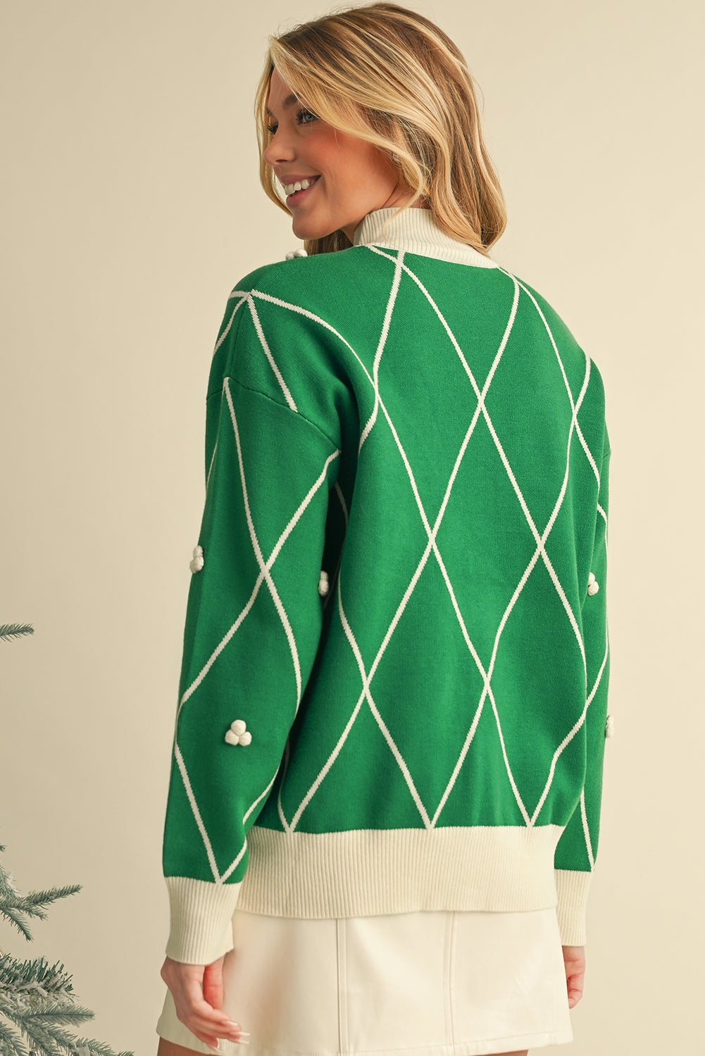 Diamond Pom Pattern Contrast Trim High Neck Sweater